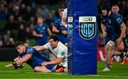 19 April 2025; Dan Sheehan of Leinster scores his side's sixth try despite the efforts of Tom Stewart of Ulster during the United Rugby Championship match between Leinster and Ulster at the Aviva Stadium in Dublin. Photo by Sam Barnes/Sportsfile