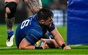 19 April 2025; Dan Sheehan of Leinster scores his side's sixth try during the United Rugby Championship match between Leinster and Ulster at the Aviva Stadium in Dublin. Photo by Brendan Moran/Sportsfile