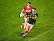 19 April 2025; David Clifford of Kerry in action against Daniel O'Mahony of Cork during the Munster GAA Football Senior Championship semi-final match between Cork and Kerry at Supervalu Páirc Uí Chaoimh in Cork. Photo by Piaras Ó Mídheach/Sportsfile
