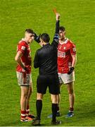 19 April 2025; Seán Brady of Cork, right, is shown the red card by referee Barry Tiernan during the Munster GAA Football Senior Championship semi-final match between Cork and Kerry at Supervalu Páirc Uí Chaoimh in Cork. Photo by Piaras Ó Mídheach/Sportsfile