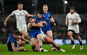 19 April 2025; Jimmy O'Brien of Leinster is tackled by Tom O’Toole of Ulster during the United Rugby Championship match between Leinster and Ulster at the Aviva Stadium in Dublin. Photo by Sam Barnes/Sportsfile