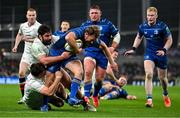 19 April 2025; Liam Turner of Leinster is tackled by Ulster players Wilhelm de Klerk, left, and Tom O'Toole during the United Rugby Championship match between Leinster and Ulster at the Aviva Stadium in Dublin. Photo by Brendan Moran/Sportsfile