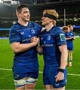 19 April 2025; Leinster players Diarmuid Mangan, left, and Tommy O'Brien after their side's victroy in the United Rugby Championship match between Leinster and Ulster at the Aviva Stadium in Dublin. Photo by Brendan Moran/Sportsfile