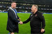 19 April 2025; Jack Boyle of Leinster shakes hands with Ulster head coach Richie Murphy after the United Rugby Championship match between Leinster and Ulster at the Aviva Stadium in Dublin. Photo by Brendan Moran/Sportsfile