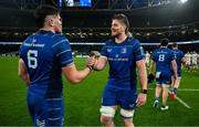 19 April 2025; Joe McCarthy of Leinster, right, celebrates with team-mate Alex Soroka after their side's victory in the United Rugby Championship match between Leinster and Ulster at the Aviva Stadium in Dublin. Photo by Brendan Moran/Sportsfile
