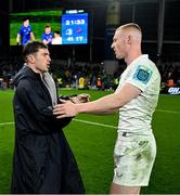 19 April 2025; Luke McGrath of Leinster, left, and Nathan Doak of Ulster after the United Rugby Championship match between Leinster and Ulster at the Aviva Stadium in Dublin. Photo by Brendan Moran/Sportsfile