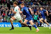 19 April 2025; Cormac Izuchukwu of Ulster on his way to scoring his side's first try during the United Rugby Championship match between Leinster and Ulster at the Aviva Stadium in Dublin. Photo by John Dickson/Sportsfile