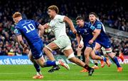 19 April 2025; Cormac Izuchukwu of Ulster on his way to scoring his side's first try during the United Rugby Championship match between Leinster and Ulster at the Aviva Stadium in Dublin. Photo by John Dickson/Sportsfile