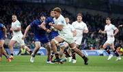 19 April 2025; Cormac Izuchukwu of Ulster on his way to scoring his side's first try during the United Rugby Championship match between Leinster and Ulster at the Aviva Stadium in Dublin. Photo by John Dickson/Sportsfile