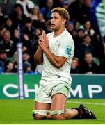 19 April 2025; Cormac Izuchukwu of Ulster celebrates after scoring his side's first try during the United Rugby Championship match between Leinster and Ulster at the Aviva Stadium in Dublin. Photo by John Dickson/Sportsfile