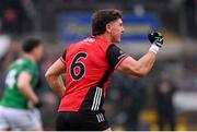 19 April 2025; Pierce Laverty of Down celebrates during the Ulster GAA Football Senior Championship quarter-final match between Fermanagh and Down at Brewster Park in Enniskillen, Fermanagh. Photo by Ramsey Cardy/Sportsfile