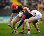 19 April 2025; Galway goalkeeper Darach Fahy in action against Adrian Mullen of Kilkenny during the Leinster GAA Hurling Senior Championship Round 1 match between Kilkenny and Galway at UPMC Nowlan Park in Kilkenny. Photo by Seb Daly/Sportsfile