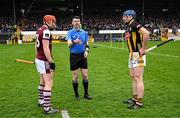19 April 2025; Referee Sean Stack with Galway captain Conor Whelan, left, and Kilkenny captain John Donnelly before the Leinster GAA Hurling Senior Championship Round 1 match between Kilkenny and Galway at UPMC Nowlan Park in Kilkenny. Photo by Seb Daly/Sportsfile
