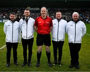 19 April 2025; Referee Johnny Murphy with his score umpires, Jimmy Barry Murphy, Danny Frewen, Patrick Creed and Michael Meade before the Leinster GAA Hurling Senior Championship Round 1 match between Dublin and Offaly at Parnell Park in Dublin. Photo by Ray McManus/Sportsfile