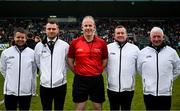 19 April 2025; Referee Johnny Murphy with his score umpires, Jimmy Barry Murphy, Danny Frewen, Patrick Creed and Michael Meade before the Leinster GAA Hurling Senior Championship Round 1 match between Dublin and Offaly at Parnell Park in Dublin. Photo by Ray McManus/Sportsfile