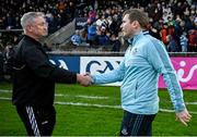 19 April 2025; Offaly manager Johnny Kelly, left, shakes hands with Dublin manager Niall Ó Ceallacháin after the Leinster GAA Hurling Senior Championship Round 1 match between Dublin and Offaly at Parnell Park in Dublin. Photo by Ray McManus/Sportsfile