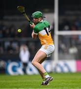 19 April 2025; Brian Duignan of Offaly strikes a free during the Leinster GAA Hurling Senior Championship Round 1 match between Dublin and Offaly at Parnell Park in Dublin. Photo by Ray McManus/Sportsfile