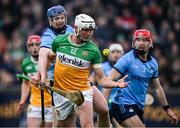 19 April 2025; Oisin Kelly of Offaly is tackled by Conor Burke of Dublin during the Leinster GAA Hurling Senior Championship Round 1 match between Dublin and Offaly at Parnell Park in Dublin. Photo by Ray McManus/Sportsfile