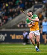 19 April 2025; Dan Ravenhill of Offaly strikes a free during the Leinster GAA Hurling Senior Championship Round 1 match between Dublin and Offaly at Parnell Park in Dublin. Photo by Ray McManus/Sportsfile