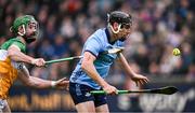 19 April 2025; Danny Sutcliffe of Dublin in action against Ben Conneely of Offaly during the Leinster GAA Hurling Senior Championship Round 1 match between Dublin and Offaly at Parnell Park in Dublin. Photo by Ray McManus/Sportsfile