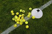 19 April 2025; A selection of sliotars on the pitch before the Leinster GAA Hurling Senior Championship Round 1 match between Dublin and Offaly at Parnell Park in Dublin. Photo by Ray McManus/Sportsfile
