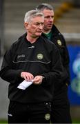 19 April 2025; Offaly manager Johnny Kelly with selector Colm Callanan, to his left, before the Leinster GAA Hurling Senior Championship Round 1 match between Dublin and Offaly at Parnell Park in Dublin. Photo by Ray McManus/Sportsfile