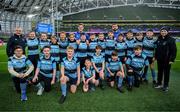 19 April 2025; The MU Barnhall RFC mini team with Leinster players Rob Russell and Rónan Kelleher before the United Rugby Championship match between Leinster and Ulster at the Aviva Stadium in Dublin. Photo by Brendan Moran/Sportsfile