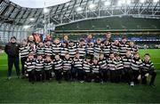 19 April 2025; The Dundalk RFC mini team with Leinster players Rob Russell and Rónan Kelleher before the United Rugby Championship match between Leinster and Ulster at the Aviva Stadium in Dublin. Photo by Brendan Moran/Sportsfile