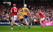 20 April 2025; Brian Hayes of Cork scores his and his side's second goal during the Munster GAA Hurling Senior Championship Round 1 match between Clare and Cork at Zimmer Biomet Páirc Chíosóg in Ennis, Clare. Photo by Brendan Moran/Sportsfile