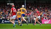20 April 2025; Brian Hayes of Cork scores his and his side's second goal during the Munster GAA Hurling Senior Championship Round 1 match between Clare and Cork at Zimmer Biomet Páirc Chíosóg in Ennis, Clare. Photo by Brendan Moran/Sportsfile