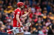 20 April 2025; Brian Hayes of Cork celebrtes after scoring his and his side's second goal during the Munster GAA Hurling Senior Championship Round 1 match between Clare and Cork at Zimmer Biomet Páirc Chíosóg in Ennis, Clare. Photo by Brendan Moran/Sportsfile