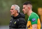 20 April 2025; Donegal manager Jim McGuinness, left, and captain Patrick McBrearty during the Ulster GAA Football Senior Championship quarter-final match between Monaghan and Donegal at St Tiernach's Park in Clones, Monaghan. Photo by Ramsey Cardy/Sportsfile