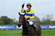 20 April 2025; Jockey Danny Mullins celebrates on Spindleberry after winning The WillowWarm Gold Cup (Grade 1) on day two of the Fairyhouse Easter Festival at Fairyhouse Racecourse in Ratoath, Meath. Photo by Shauna Clinton/Sportsfile