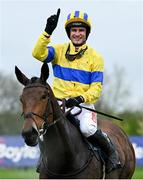 20 April 2025; Jockey Danny Mullins celebrates on Spindleberry after winning The WillowWarm Gold Cup (Grade 1) on day two of the Fairyhouse Easter Festival at Fairyhouse Racecourse in Ratoath, Meath. Photo by Shauna Clinton/Sportsfile