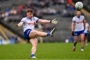 20 April 2025; Mícheál Bannigan of Monaghan kicks a score during the Ulster GAA Football Senior Championship quarter-final match between Monaghan and Donegal at St Tiernach's Park in Clones, Monaghan. Photo by Ramsey Cardy/Sportsfile