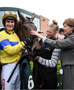 20 April 2025; Jockey Danny Mullins celebrates with groom Hannah Utley and owner Bronagh Eastwood after winning The WillowWarm Gold Cup (Grade 1) on Spindleberry during day two of the Fairyhouse Easter Festival at Fairyhouse Racecourse in Ratoath, Meath. Photo by Shauna Clinton/Sportsfile