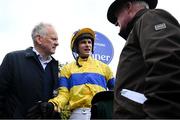 20 April 2025; Jockey Danny Mullins speaks with trainer Willie Mullins after winning The WillowWarm Gold Cup (Grade 1) on Spindleberry during day two of the Fairyhouse Easter Festival at Fairyhouse Racecourse in Ratoath, Meath. Photo by Shauna Clinton/Sportsfile