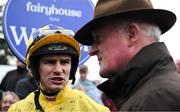 20 April 2025; Jockey Danny Mullins speaks with trainer Willie Mullins after winning The WillowWarm Gold Cup (Grade 1) on Spindleberry during day two of the Fairyhouse Easter Festival at Fairyhouse Racecourse in Ratoath, Meath. Photo by Shauna Clinton/Sportsfile