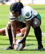 20 April 2025; Linda Djougang of Ireland scores a try during the Women's Six Nations Rugby Championship match between Wales and Ireland at Rodney Parade in Newport, Wales. Photo by Kian Abdullah/Sportsfile