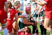 20 April 2025; Dorothy Wall of Ireland celebrates scoring a try during the Women's Six Nations Rugby Championship match between Wales and Ireland at Rodney Parade in Newport, Wales. Photo by Kian Abdullah/Sportsfile