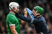 20 April 2025; Aaron Gillane of Limerick tussles with Tipperary goalkeeper Barry Hogan during the Munster GAA Hurling Senior Championship Round 1 match between Tipperary and Limerick at FBD Semple Stadium in Thurles, Tipperary. Photo by Seb Daly/Sportsfile