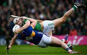 20 April 2025; Aaron Gillane of Limerick tussles with Michael Breen of Tipperary during the Munster GAA Hurling Senior Championship Round 1 match between Tipperary and Limerick at FBD Semple Stadium in Thurles, Tipperary. Photo by Seb Daly/Sportsfile