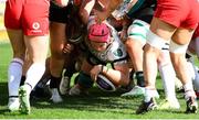 20 April 2025; Dorothy Wall of Ireland helps the ball over the line to score a try from a line-out during the Women's Six Nations Rugby Championship match between Wales and Ireland at Rodney Parade in Newport, Wales. Photo by Kian Abdullah/Sportsfile