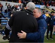 20 April 2025; Clare manager Brian Lohan shakes hands with Cork manager Pat Ryan after the Munster GAA Hurling Senior Championship Round 1 match between Clare and Cork at Zimmer Biomet Páirc Chíosóg in Ennis, Clare. Photo by John Sheridan/Sportsfile