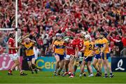 20 April 2025; Shane Kingston of Cork, centre, celebrates winning a late free during the Munster GAA Hurling Senior Championship Round 1 match between Clare and Cork at Zimmer Biomet Páirc Chíosóg in Ennis, Clare. Photo by Brendan Moran/Sportsfile