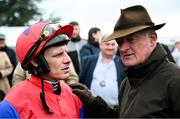 20 April 2025; Trainer Willie Mullins speaks to jockey Paul Townend after sending Aurora Vega out to win The Irish Stallion Farms EBF Honeysuckle Mares Novice Hurdle (Grade 1) on day two of the Fairyhouse Easter Festival at Fairyhouse Racecourse in Ratoath, Meath. Photo by Shauna Clinton/Sportsfile