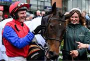 20 April 2025; Jockey Paul Townend and groom Rachel Kelly celebrate after winning The Irish Stallion Farms EBF Honeysuckle Mares Novice Hurdle (Grade 1) on Aurora Vega during day two of the Fairyhouse Easter Festival at Fairyhouse Racecourse in Ratoath, Meath. Photo by Shauna Clinton/Sportsfile