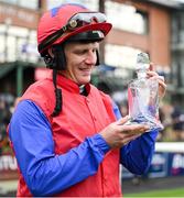 20 April 2025; Jockey Paul Townend celebrates after winning The Irish Stallion Farms EBF Honeysuckle Mares Novice Hurdle (Grade 1) on Aurora Vega during day two of the Fairyhouse Easter Festival at Fairyhouse Racecourse in Ratoath, Meath. Photo by Shauna Clinton/Sportsfile