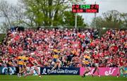 20 April 2025; Patrick Horgan of Cork attempts a shot  for a point despite the attentions of David McInerney of Clare during the Munster GAA Hurling Senior Championship Round 1 match between Clare and Cork at Zimmer Biomet Páirc Chíosóg in Ennis, Clare. Photo by Brendan Moran/Sportsfile