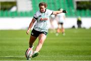 20 April 2025; Enya Breen of Ireland kicks a conversion during the Women's Six Nations Rugby Championship match between Wales and Ireland at Rodney Parade in Newport, Wales. Photo by Kian Abdullah/Sportsfile